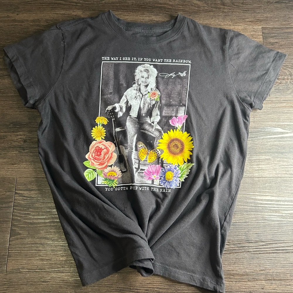 Dollcake Black Tee with Colorful Floral Graphic